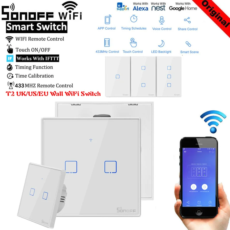 SONOFF T2US EU/UK TX Smart Wifi Touch Wall Light Switch With Border Smart Home 1~3 Gang 433 RF/Voice/APP Control Work With Alexa