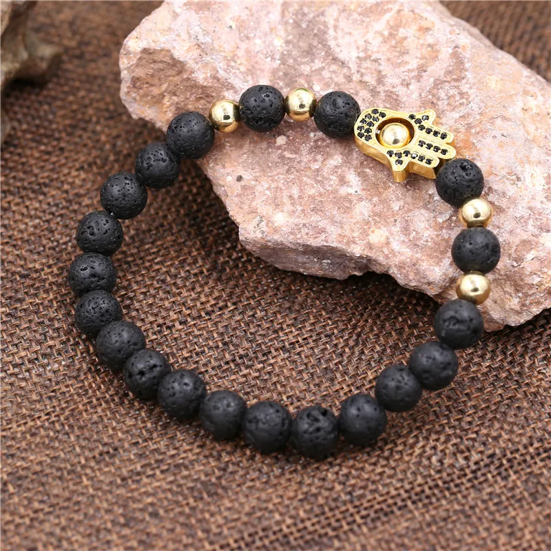 Браслет Рука Фатимы с кубическим цирконием подвеска Хамса браслет Mala Black Lava Stone