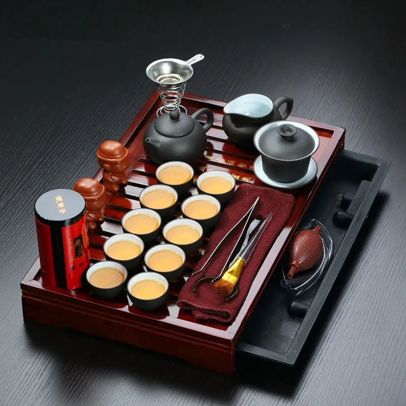 Genuine Yixing Purple Clay Kung Fu Tea Set Solid Wood Tray Teapot &ampTea cups zisha Drinkware Chinese tea ceremony | Дом и сад