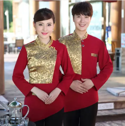 4 Colors 2018 Winter Waiter Waitress Workwear Coat Hotel Restaurant Cleaning Work Uniforms Unisex Long Sleeve Palms Print tops |