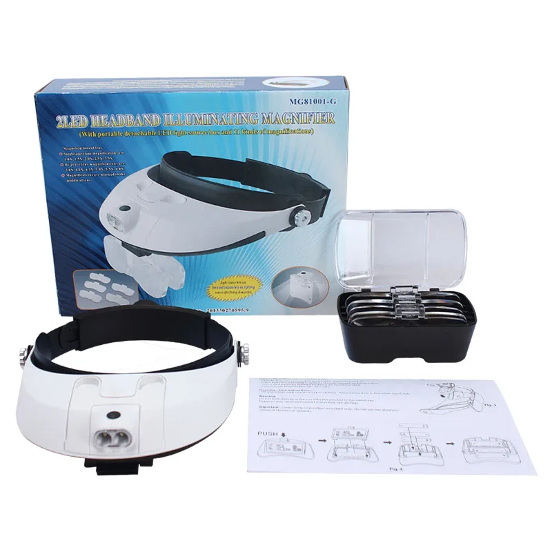 Adjustable Headband 5Lens Binoculars Magnifier LED Magnifying Glass 2Lamps Jewelry Repair Watch Reading Glasses Third Hand Loupe лупа