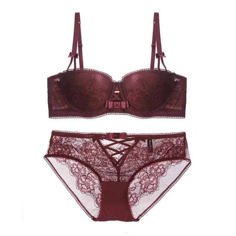 Dark Red Цветочный кружевной тонкий хлопковый бюстгальтер с половинной чашкой, пуш-ап набор нижнего белья для женщин, бюстгальтер с легкой подкладкой, дамские бюстгальтеры-нижнее белье, чашка BCD - Цвет: Dark Red