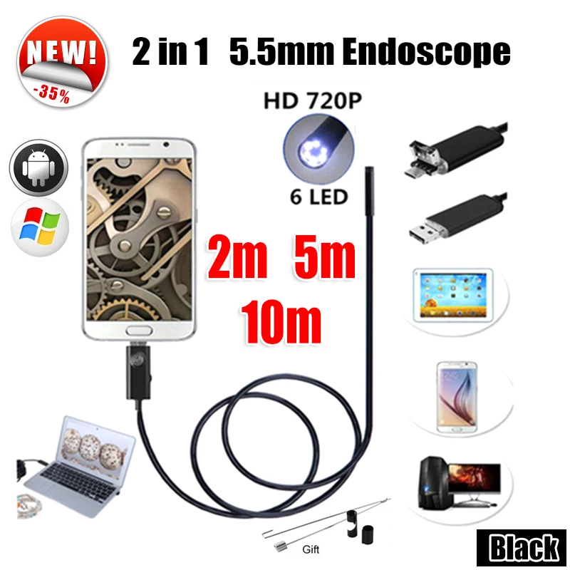 Antscope эндоскопа 5 мм 2IN1 USB Android Камера м змея трубой инспекции 10 Endoskop бороскоп