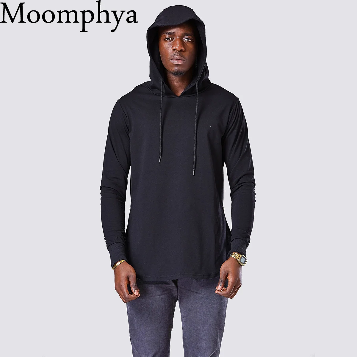 

Moomphay 2020 New men long sleeve hoodies extended Longline curve hem hooded sweatshirt side zip men hip hop hoodie