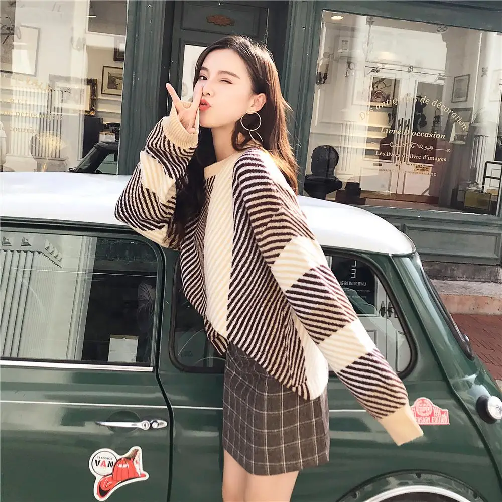 2018 Женский пуловер свитер с косой полоской Harajuku вязаные свитера для женщин