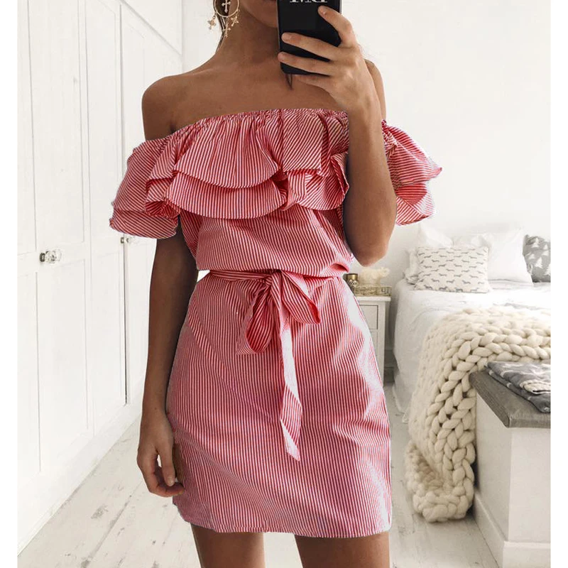 Женский облегающий сарафан повседневное летнее платье в полоску с оборками на