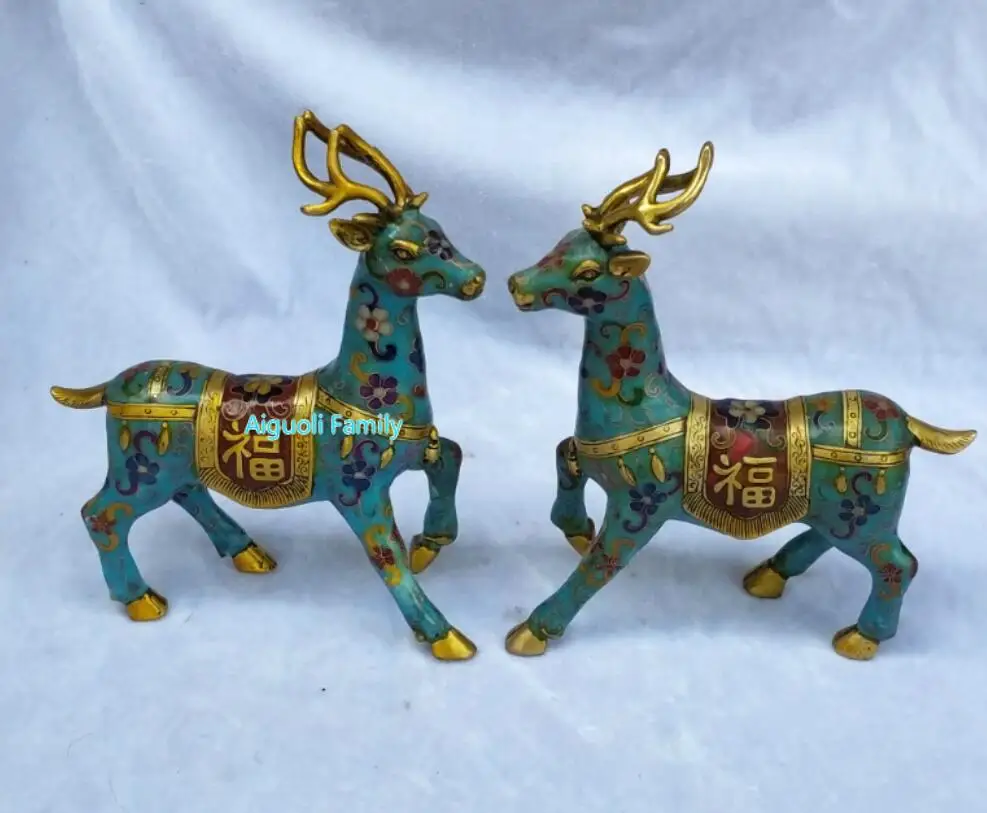 

Art Collectible Chinese Old Cloisonne Bronze Carved 1 Pair Deer Statue/Home Decoration Animals Sculpture Good Gifts