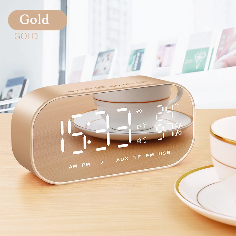 champagne gold Светодиодный Зеркальный Цифровой Будильник беспроводной Bluetooth динамик с fm-радио сабвуфером музыкальный плеер Повтор Настольные часы HD дисплей - Цвет: champagne gold
