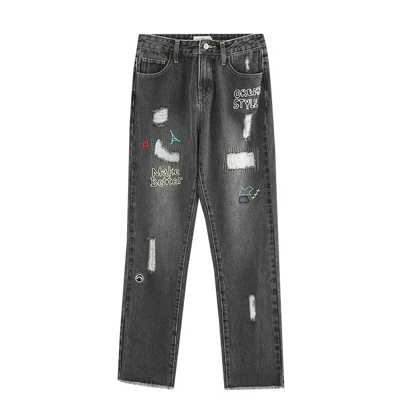

Toyouth Women Long Jeans Casual Denim Ripped Pant Straight Mid Waist Trousers Streetwear Pants Mujer Embroidery Female Jean