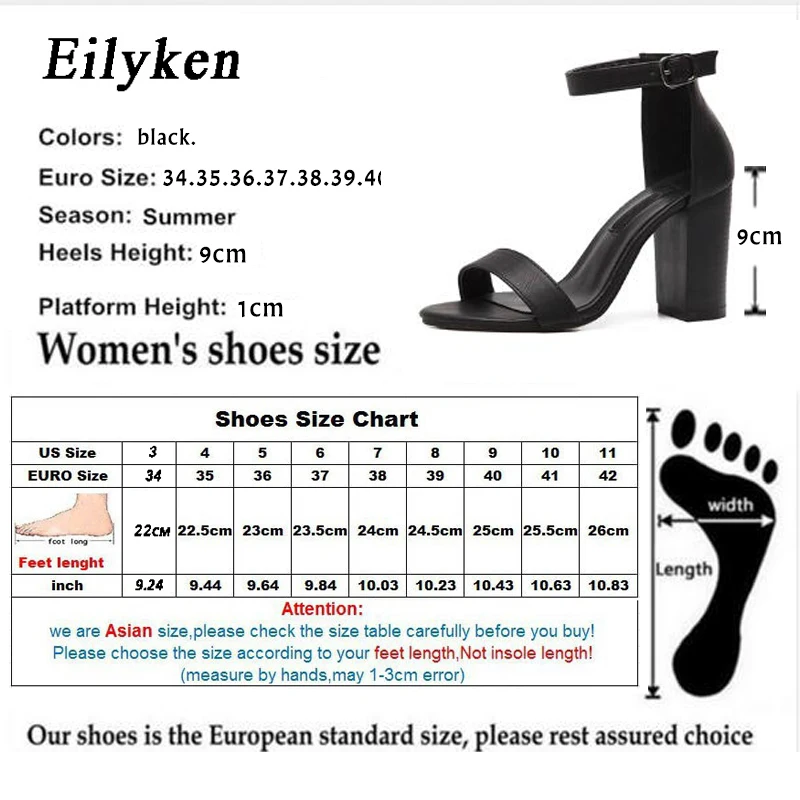 Eilyken/женские босоножки; большие размеры 35-42; Летние босоножки с ремешком на щиколотке; mujer; сандалии-гладиаторы на Высоком толстом каблуке; женские туфли-лодочки; 9 см