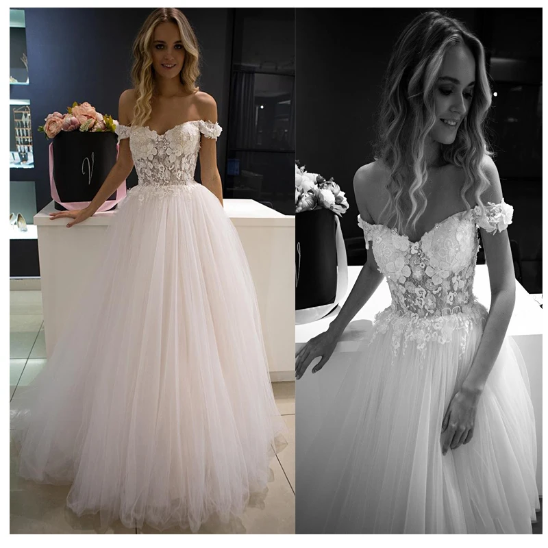 3D Flowers Wedding Dresses Off The Shoulder Sweetheart Tulle Bridal Gowns Vestidos De Novia Long Train Bride Dress 2019 | Свадьбы и