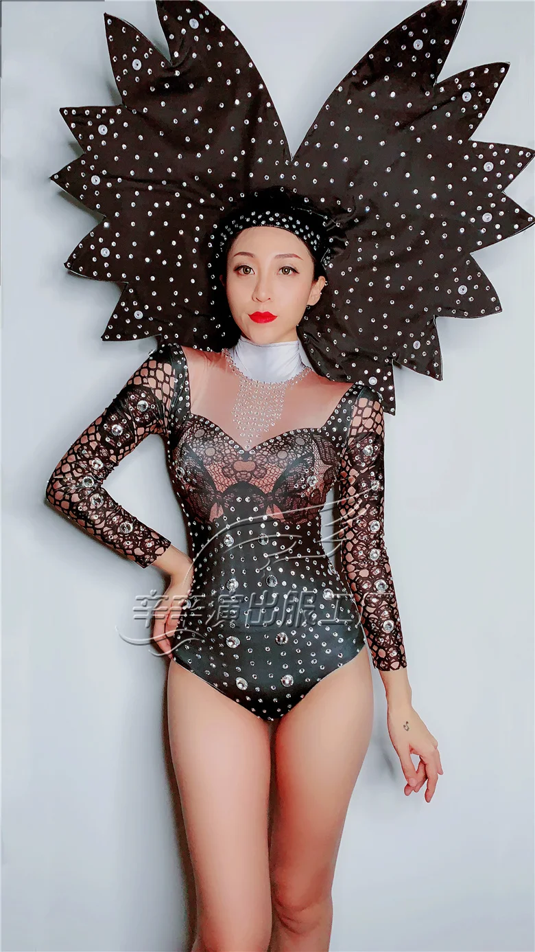 Sexy Sparkly Crystals Dance Leotard Rhinestones Stretch Bodysuit Performanace Costume Stage Wear Celebrate Festival Outfit DJ DS |