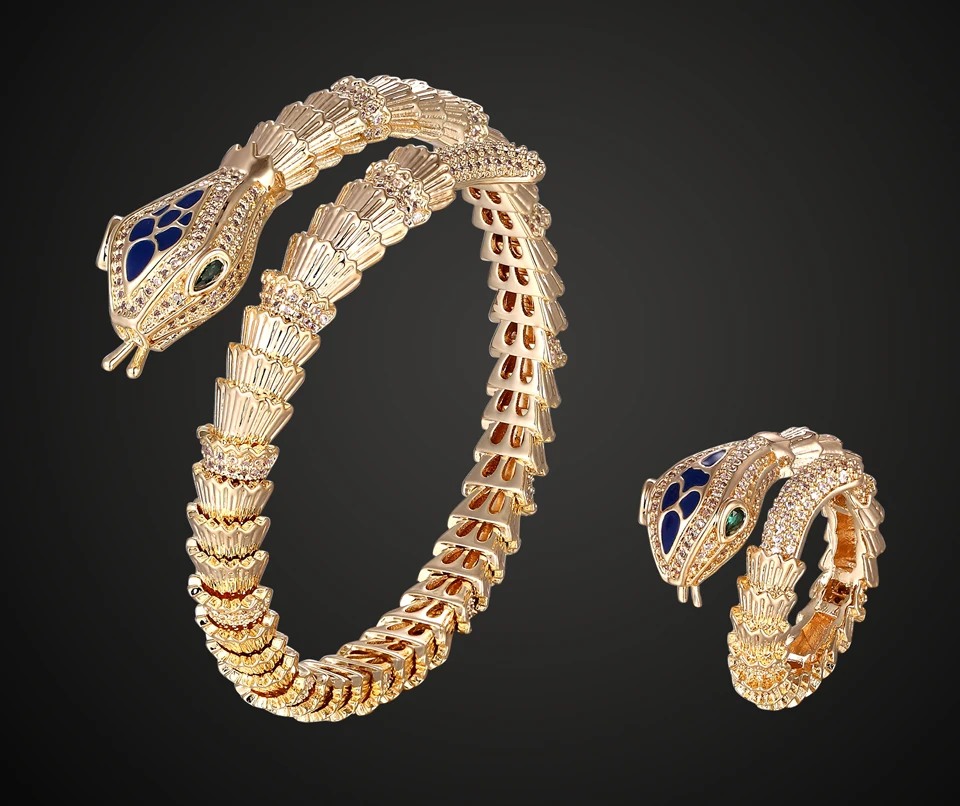 Zlxgirl Brand Blue enamel Snake Animal full micro pave setting zircon love's bangle with ring set classic bracelet accessory