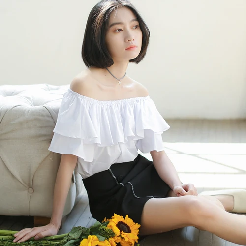 Топы с открытыми плечами для Для женщин 2019 Лето корейский стиль оборками