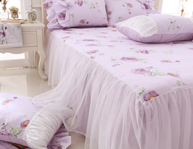 Princess purple dream 100% Cotton Romantic girl kid sweet flowers Bow lace ruffles bedskirt comforter cover bedding set/B7210 | Дом и сад