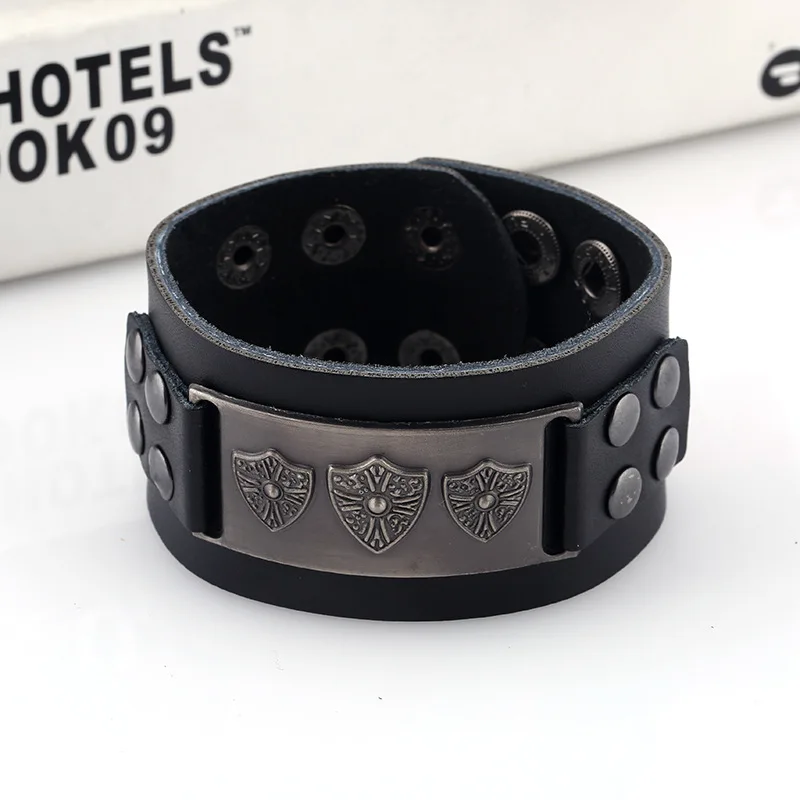 Fashion Vintage Punk Wide Genuine Leather Cuff Bracelet Alloy Shield Charm Buckle Bangle Wrap Women Wristbands Retro Men Jewelry | Украшения