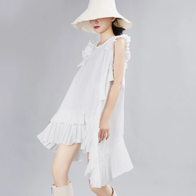 TWOTWINSTYLE Korean Solid Sleeveless Dress For Women O Neck Off Shoulder Oversized Ruffles Asymmetrical Dresses Female