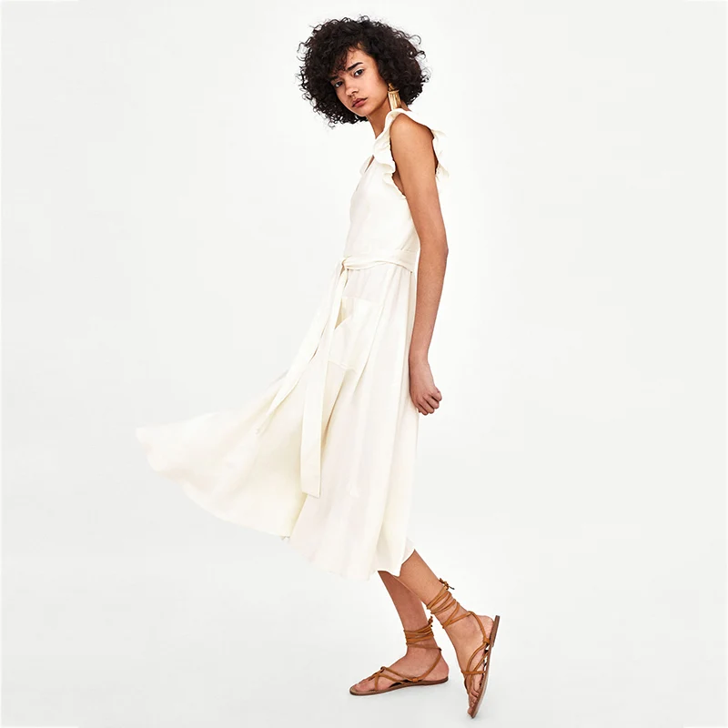 Элегантное Белое льняное платье с оборками женское миди без рукавов открытой