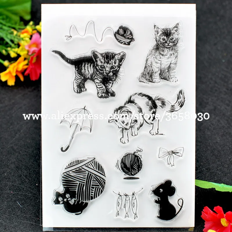 Кошки для скрапбукинга DIY фото карты резиновые фотообои прозрачный штамп 10x15 см