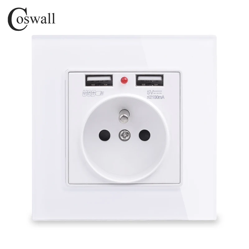 COSWALL 2020 New Wall Power Socket Grounded 16A French Standard Electrical Outlet With 2100mA Dual USB Charger Port for Mobile