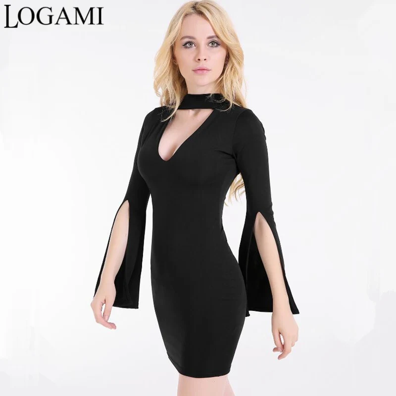 Женское платье с длинным рукавом и V образным вырезом сексуальное эластичное