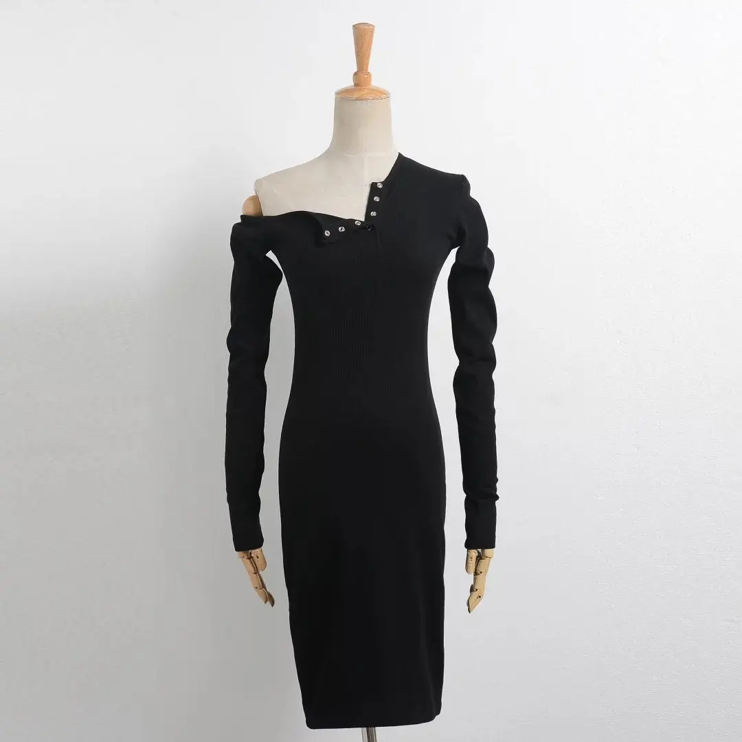 Летнее платье Для женщин Cold-Shoulder Bodycon черный белый цвет сексуальные кнопки с