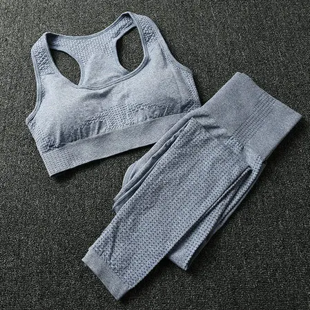 Gray-Blue Set 2 шт. спортивный костюм бесшовный комплект для йоги Женская одежда для фитнеса колготки леггинсы для спортзала мягкий спортивный бюстгальтер пуш-ап бюстгальтер-борцовка спортивная одежда Femme - Цвет: Gray-Blue Set