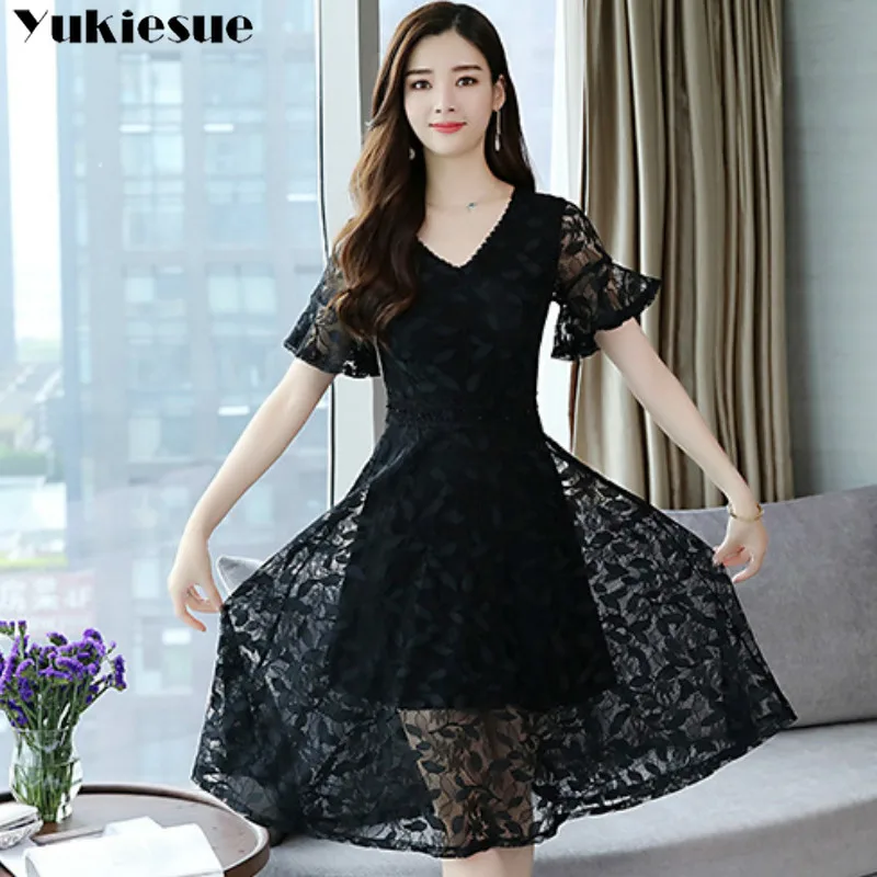 

summer 2019 women dresses women's black vintage maxi party short sleeve offical A-line sexy bodycon lace dress plus size