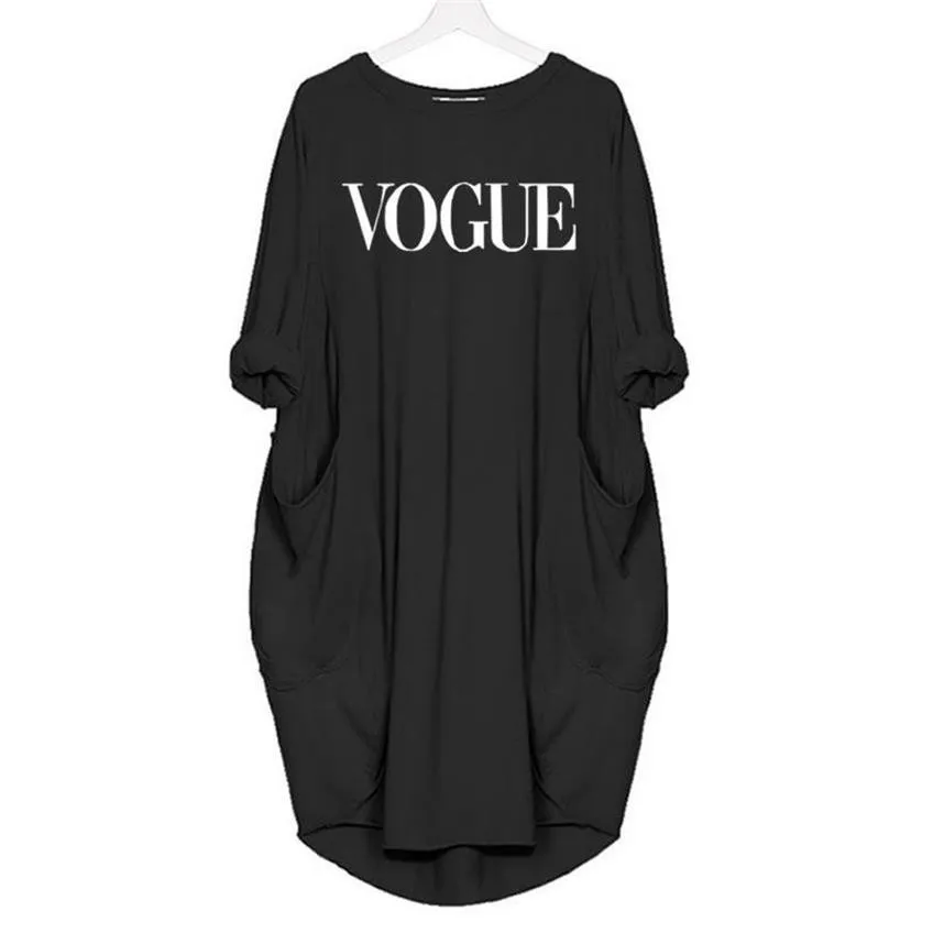 Новинка, модная футболка для женщин, VOGUE, с буквенным принтом, с карманами, топы, Harajuku, футболка размера плюс, с графическим рисунком, женские футболки с открытыми плечами - Цвет: Черный
