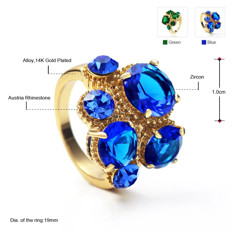 Neoglory светло-желтого золота Цвет Циркон зеленый синий партия Кольца моде Индии