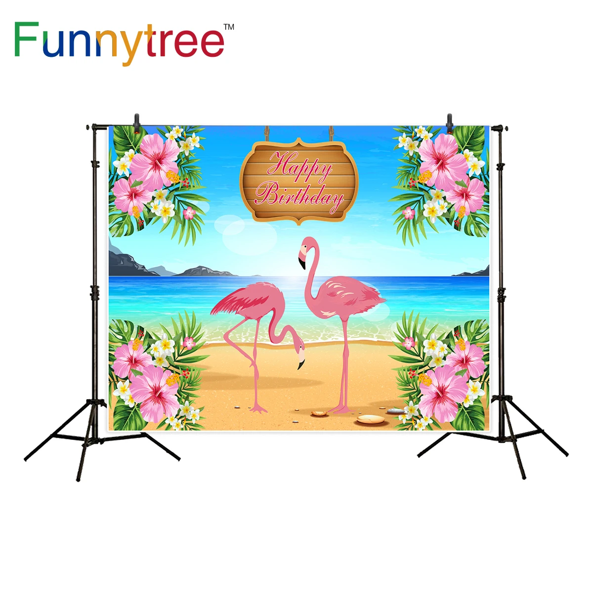 Фон для фотосъемки Funnytree тропический фламинго день рождения лето пляж | Фон для фотосъёмки -32849157674