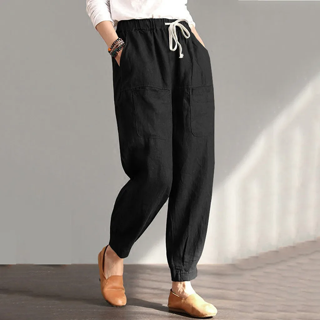 Летние женские брюки на шнурке, брюки-карандаш, повседневные, с карманами, сшитые, размера плюс, женские свободные штаны для бега, спортивные штаны для бега
