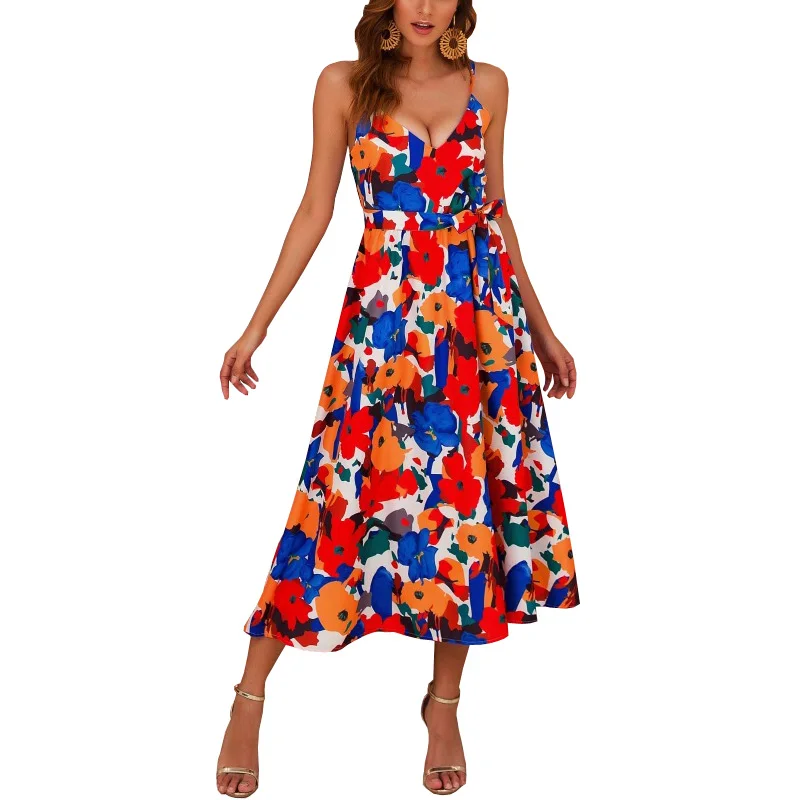 

Womens Dress Summer Fashion Spaghetti Strap V Neck Sleeveless Print Floral Flower Print Woman A-line Party Dresses