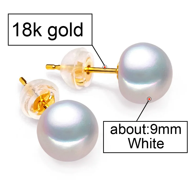 FENASY 18K золотые серьги, жемчужные ювелирные изделия, жемчужные классические 18k желтые золотые серьги-гвоздики для женщин, Подарочная коробка, свадебные серьги для любви - Цвет камня: about 9mm white