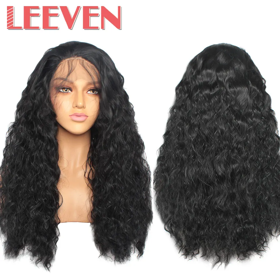 # 1B Leeven 14 ''24'' синтетический парик на кружеве натуральные волнистые парики с детскими волосами для женщин черные термостойкие волокна - Цвет: # 1B