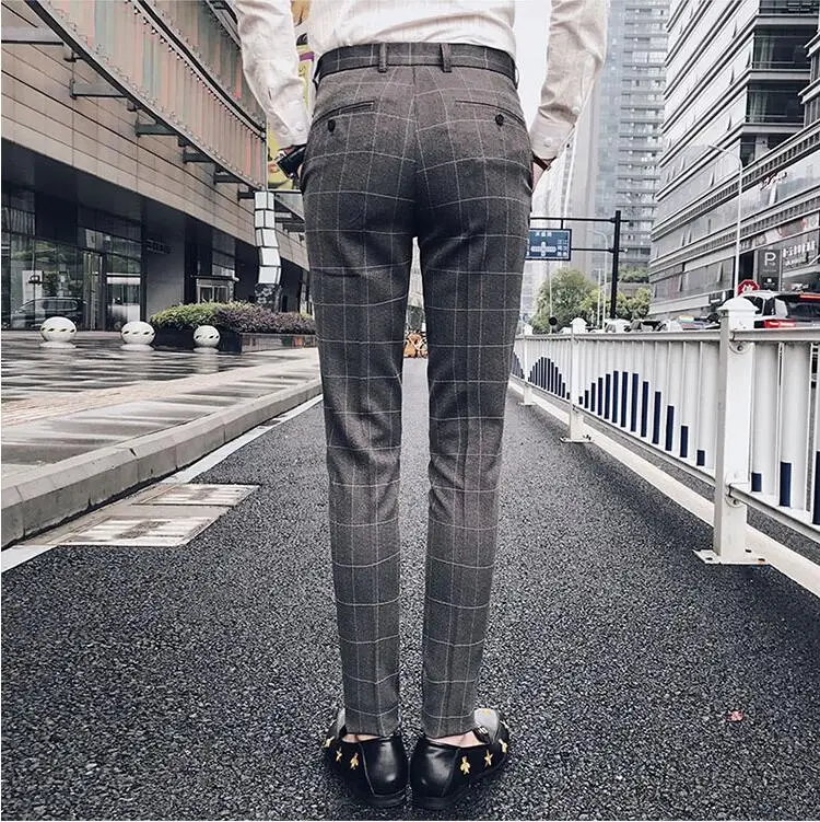 Sunwang зима толстые костюм брюки Для мужчин Slim Fit Мода платье в клетку штаны
