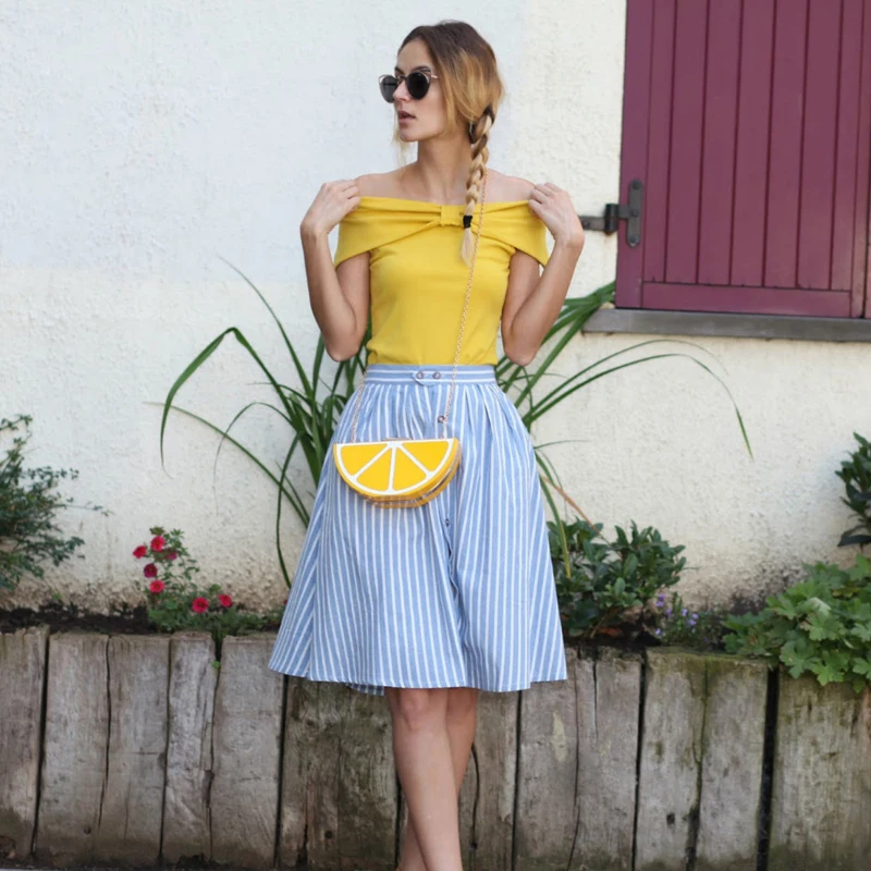 Полосатая трапециевидная синяя однобортная юбка для женщин 2018 весна лето
