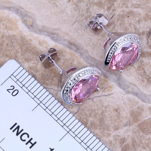Розовый белый фианит Посеребренные Ювелирные наборы серьги кулон кольцо Размер 6