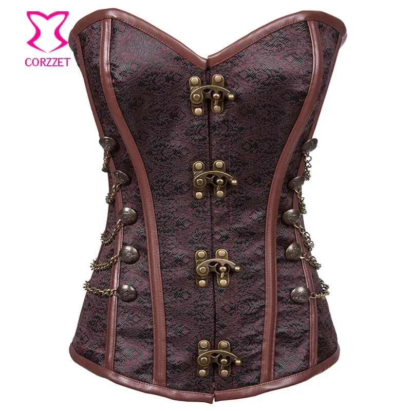 Винтажная цепочка на пуговицах стальной корсет с косточками коричневый