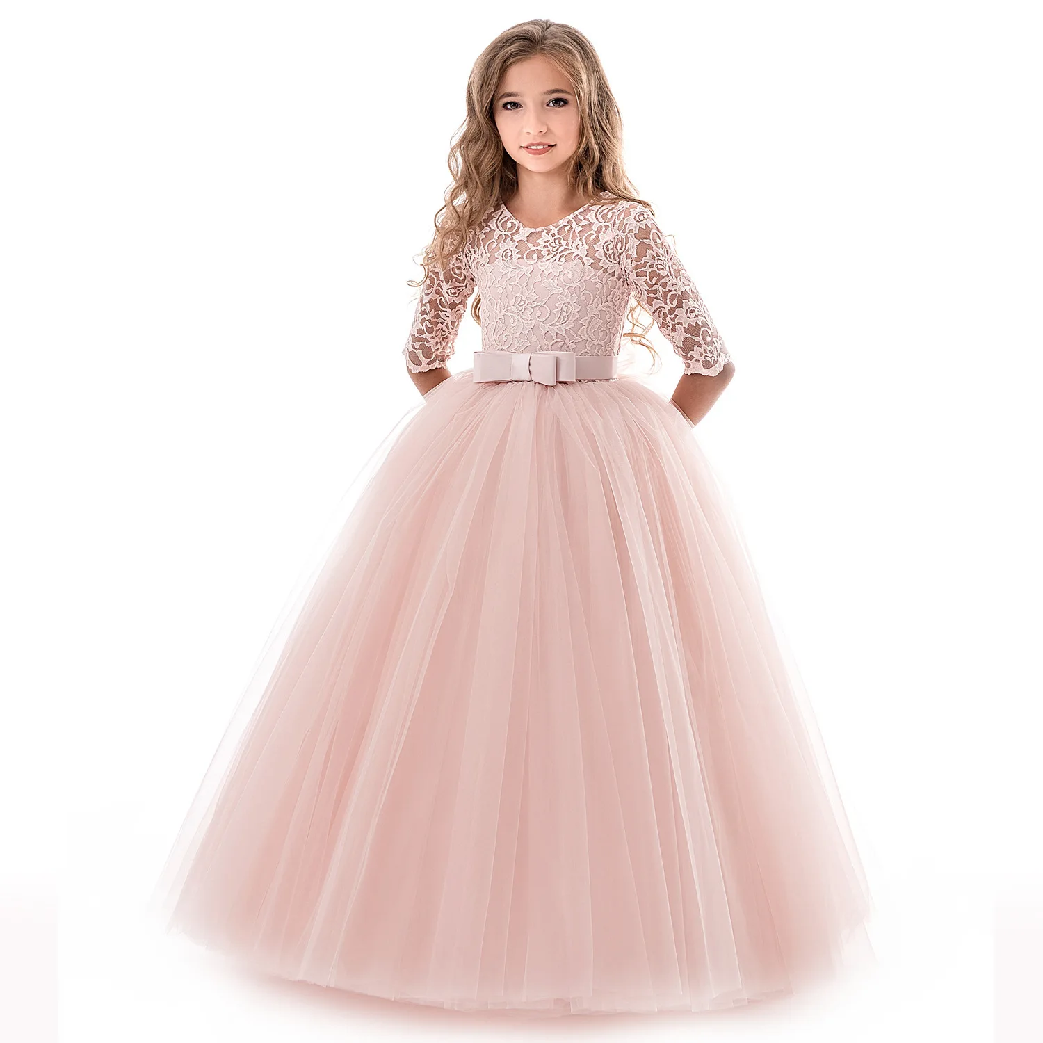 Girls Lace Half Sleeve Dress Kid First Communion Dresses Tulle Wedding Princess Costume for Junior Children Clothes | Детская одежда и