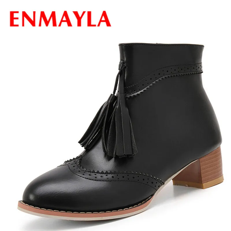 

ENMAYLA Spring Autum Fashion Med Heel Tassel Ankle Boots for Women High-top Lady Brogue Shoes Woman Short Boots Big Size 43