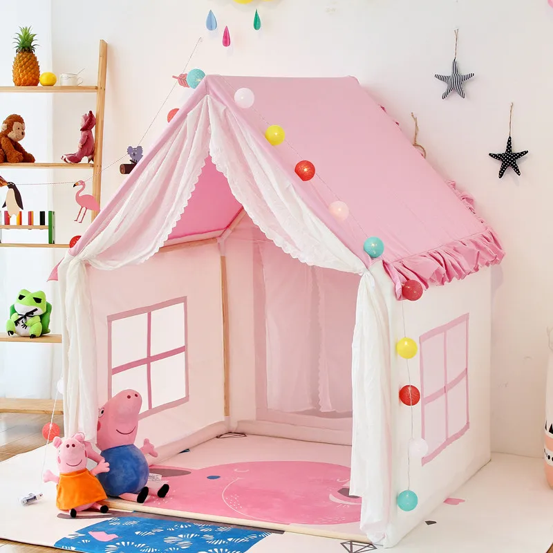 Verkauf Rosa Mädchen Prinzessin Zelt Baumwolle Solide Holz Spielen Spiel Haus Spitze Prinzessin Schloss Zelt Haus Für Kinder Prinzessin Party Dekorationen