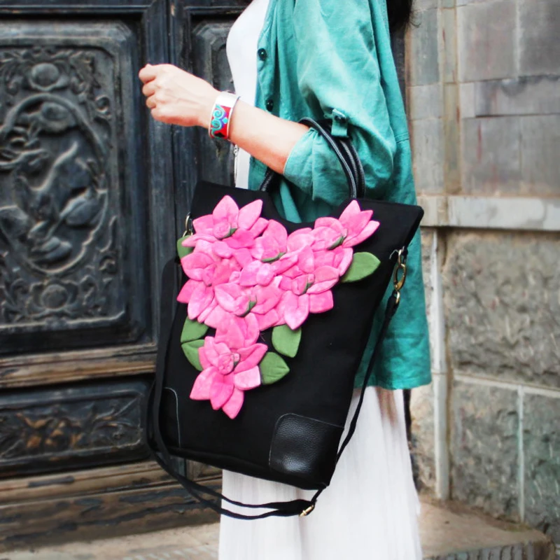 Bohemia handmade cloth flower totes Vintage black canvas women travel Messenger Shoulder Bags