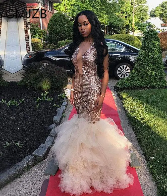 Блестящие пайетки Длинные Сексуальные Prom Dress Mermaid фатиновое платье с глубоким v-образным вырезом в африканском стиле черного цвета для девочек, вечерние праздничные платья официальная Вечеринка платье - Цвет: Шампанское