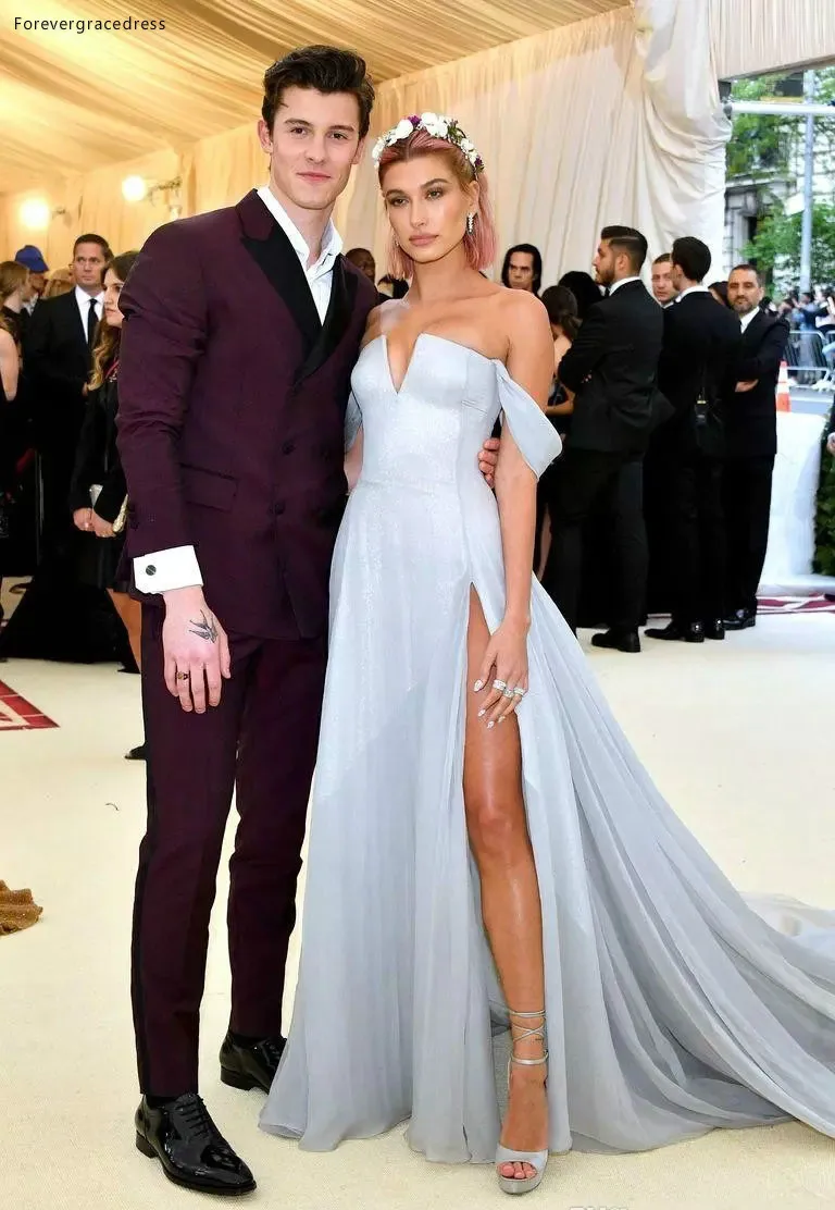 

2019 Sky Blue Hailey Baldwin Prom Dress With High Slit Formal Pageant Holidays Wear Graduation Evening Party Gown Custom Made