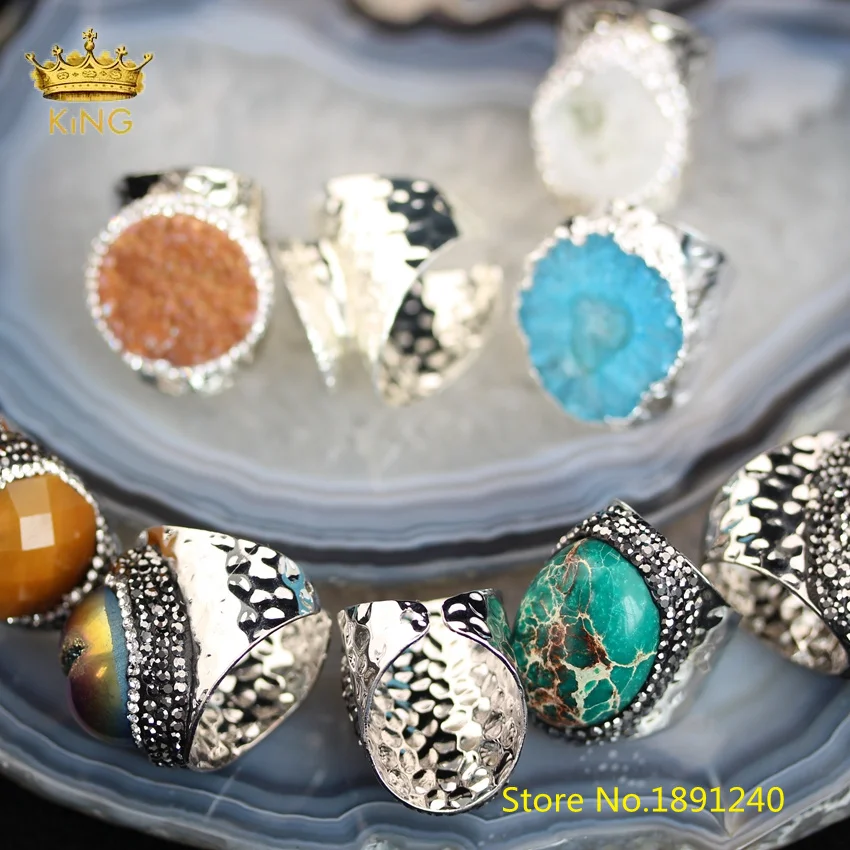 5 шт случайных камней кольцо Druzy ювелирные изделия, Натуральный Druzy Drusy бусины проложенные Стразы Серебряный круг медь многокаменные кольца YT118