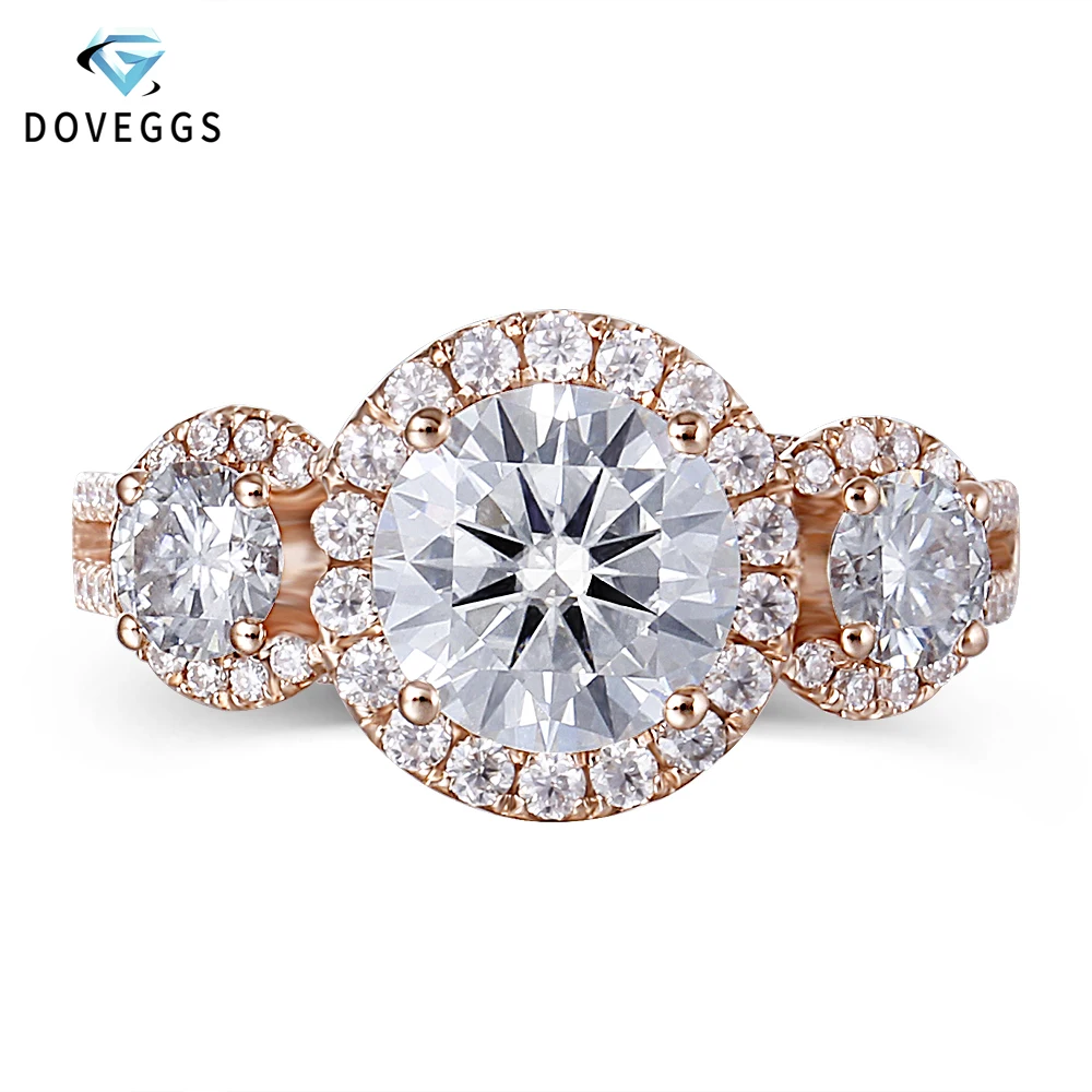 DovEggs, 3 камня, обручальное кольцо для женщин, 14 к, розовое золото, центр 1.5ct 7,5 мм, F цвет, Halo, Муассанит, обручальные кольца, хорошее ювелирное изделие