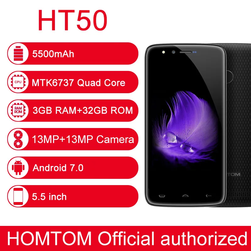 HOMTOM HT50 3GB+32GB 5500mAh Battery Fingerprint Identification 5.5'' 2.5D Android 7.0 MTK6737 Quad Core up to 1.3GHz 4G LTE |