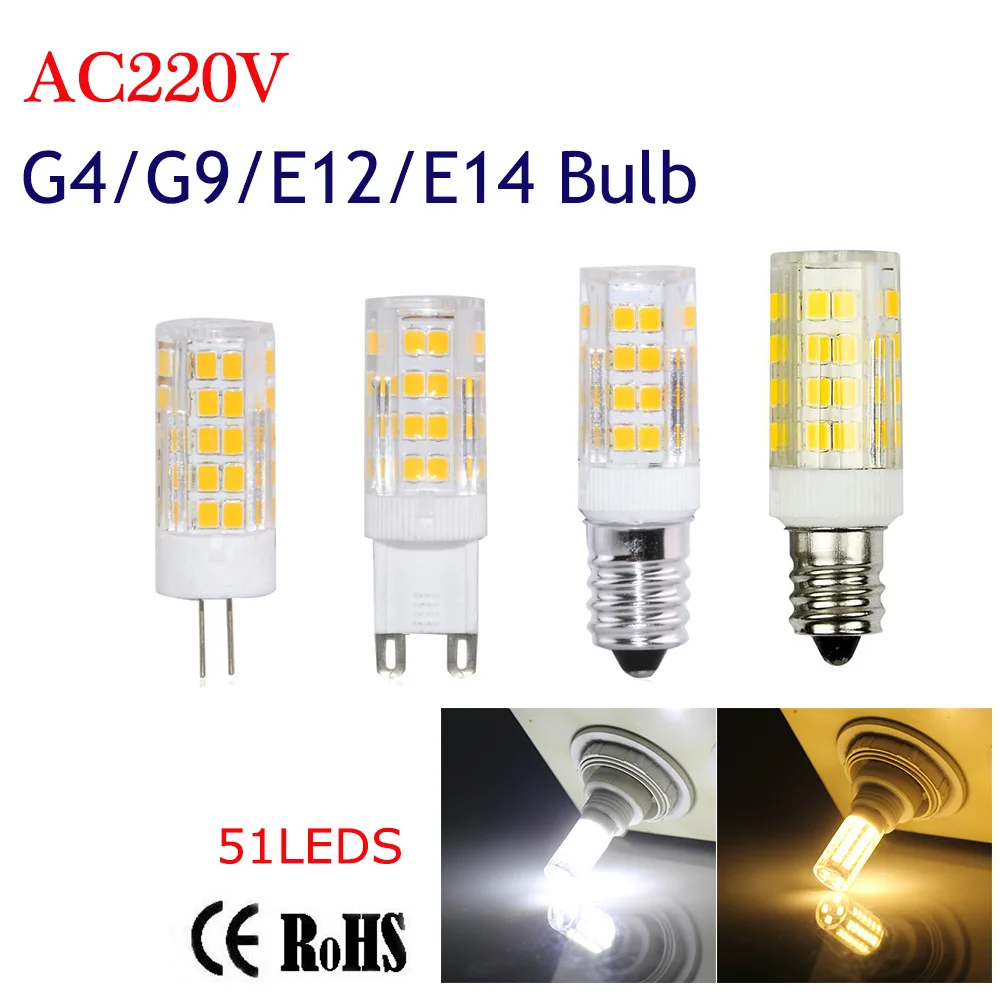 G4 G9 E12 E14 Светодиодная лампа 51 светодиод 220 В 5 Вт кукурузная SMD2835 керамические