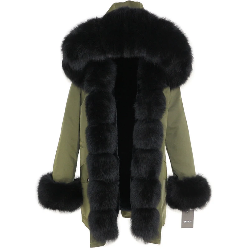 green black Женская парка с натуральным лисьим мехом OFTBUY, бежевое пальто с отделкой из лисьего меха, свободная длинная парка, верхняя одежда со съемным мехом, зима - Цвет: green black